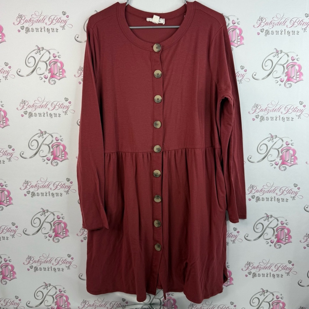 Zenana Outfitters dress buttons flowy red orange rusty Burgundy Midi Dress